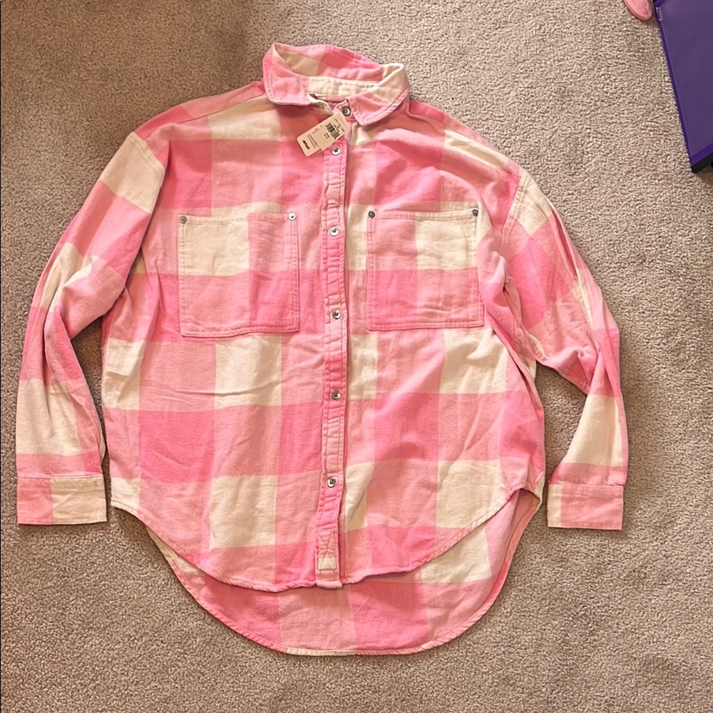 Pink and Cream Plaid Button-Up Shirt